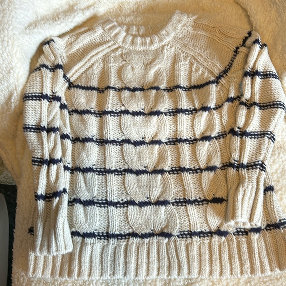 J. Jill cream cable knit sweater with navy stripes.